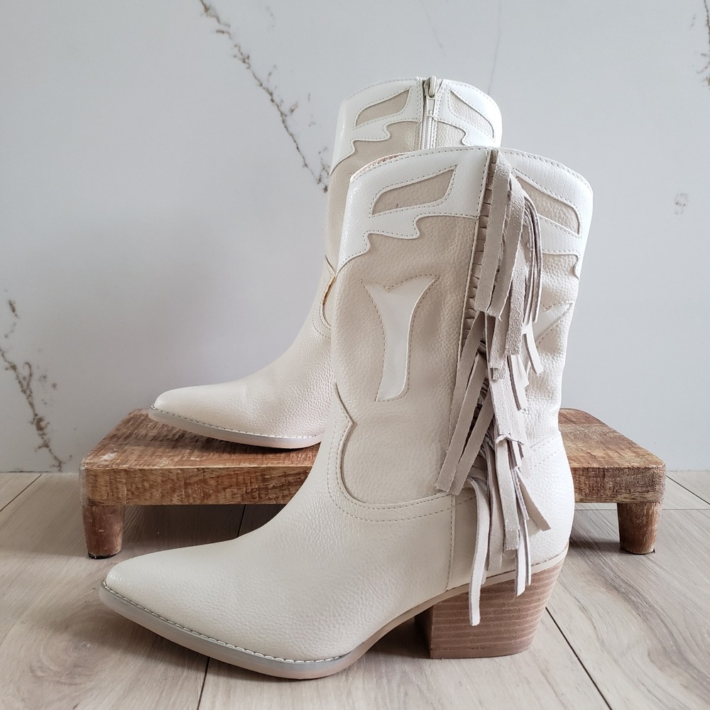 Altar'd Boots Womens Size 7 Cream Bone Fringe Western Cowgirl Festival Mids